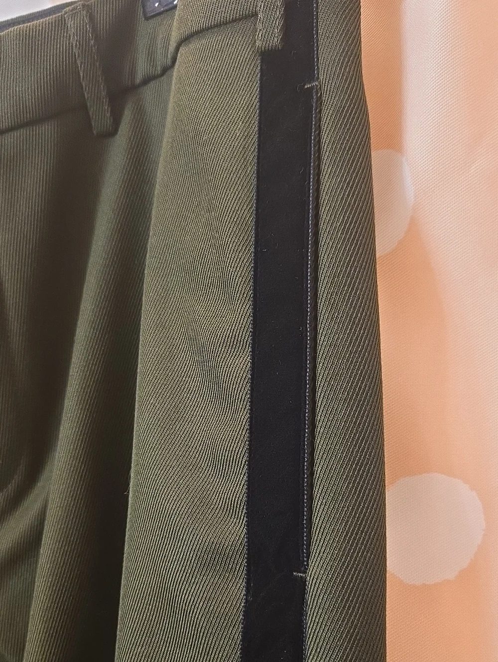 Kooples Wool Blend Trouser w/ Velvet Trim 38 Waist (Sz 52 Fr) Olive & Black